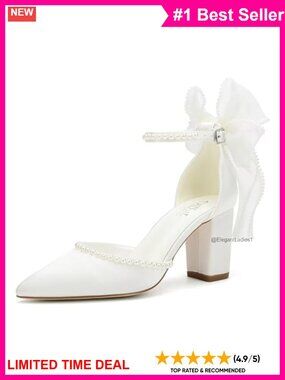 Pearl Bow Satin Block Heel Wedding Pumps Pointed Toe Bridal Shoes